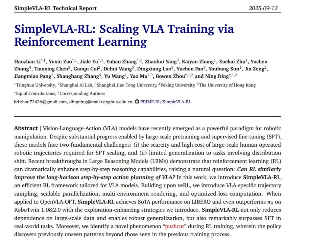 SimpleVLA-RL: A New Reinforcement Learning Method Lets Robots Plan Long Tasks with Minimal Data